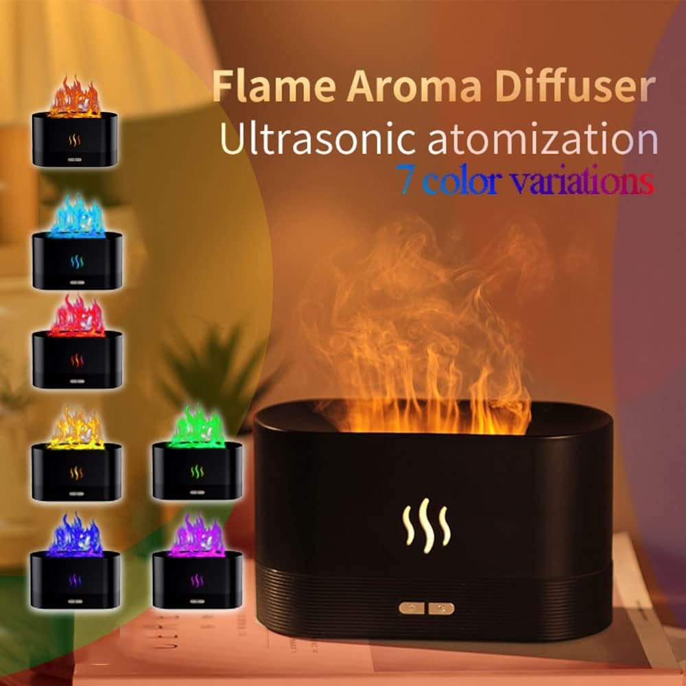 CLEMATIS Plastic Flame Diffuser Humidifier-Auto Off 180Ml Essential Oil Diffuser-2 Modes Brightness Aroma Humidifier with Fire Flame Effect for Home,Office,Spa,Gym (Black)