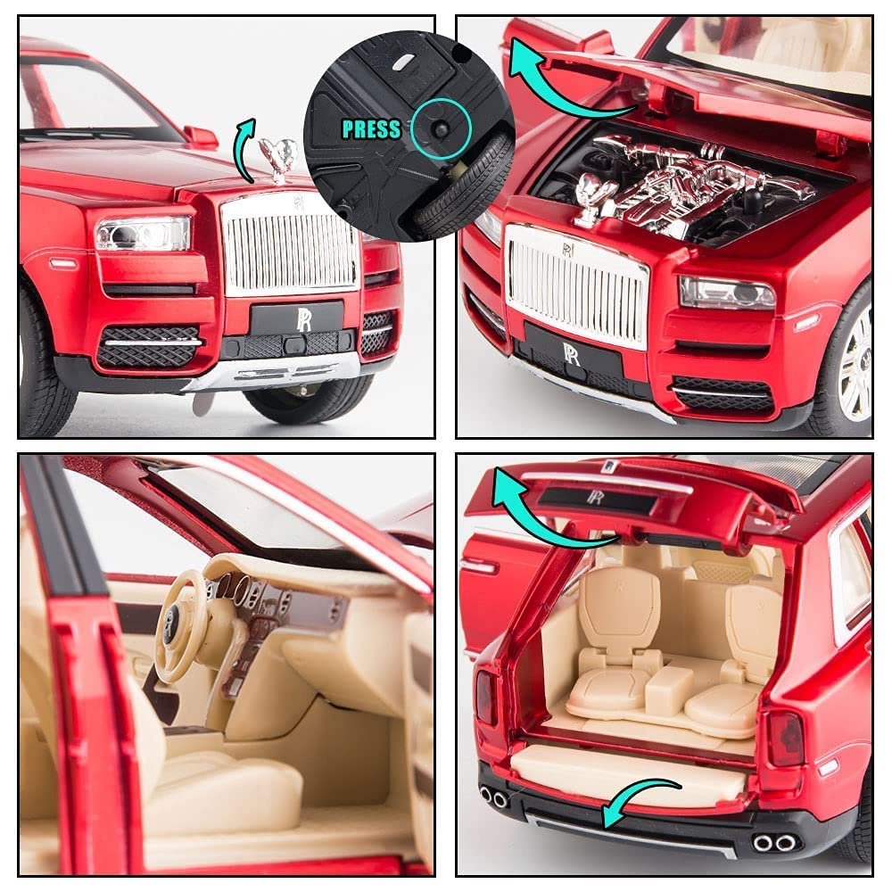 Collage of a red toy car with open doors, hood, and interior, featuring a remote control.