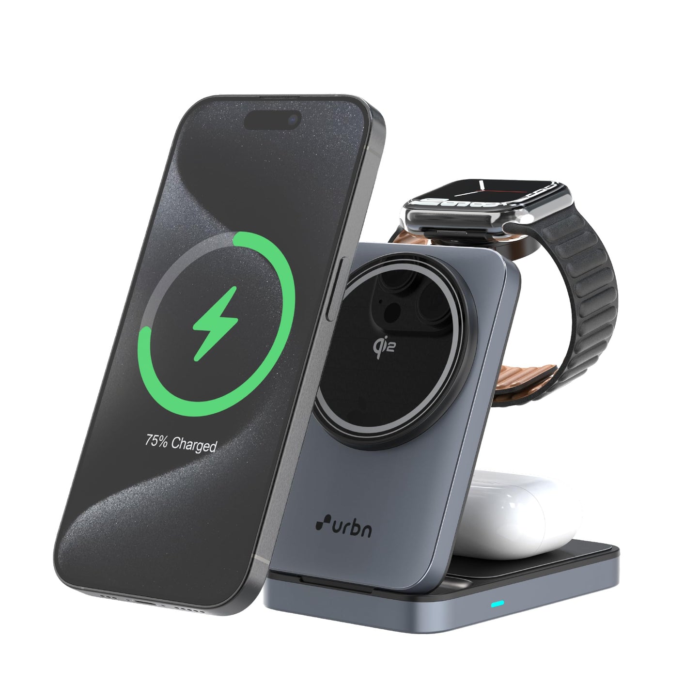 Wireless charging stand with phone, watch, and headphones on a white background