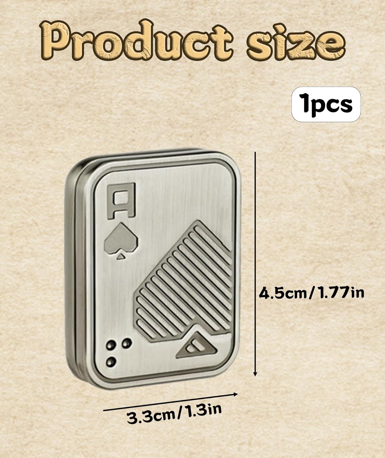 Metal card-shaped product with dimensions on a beige background