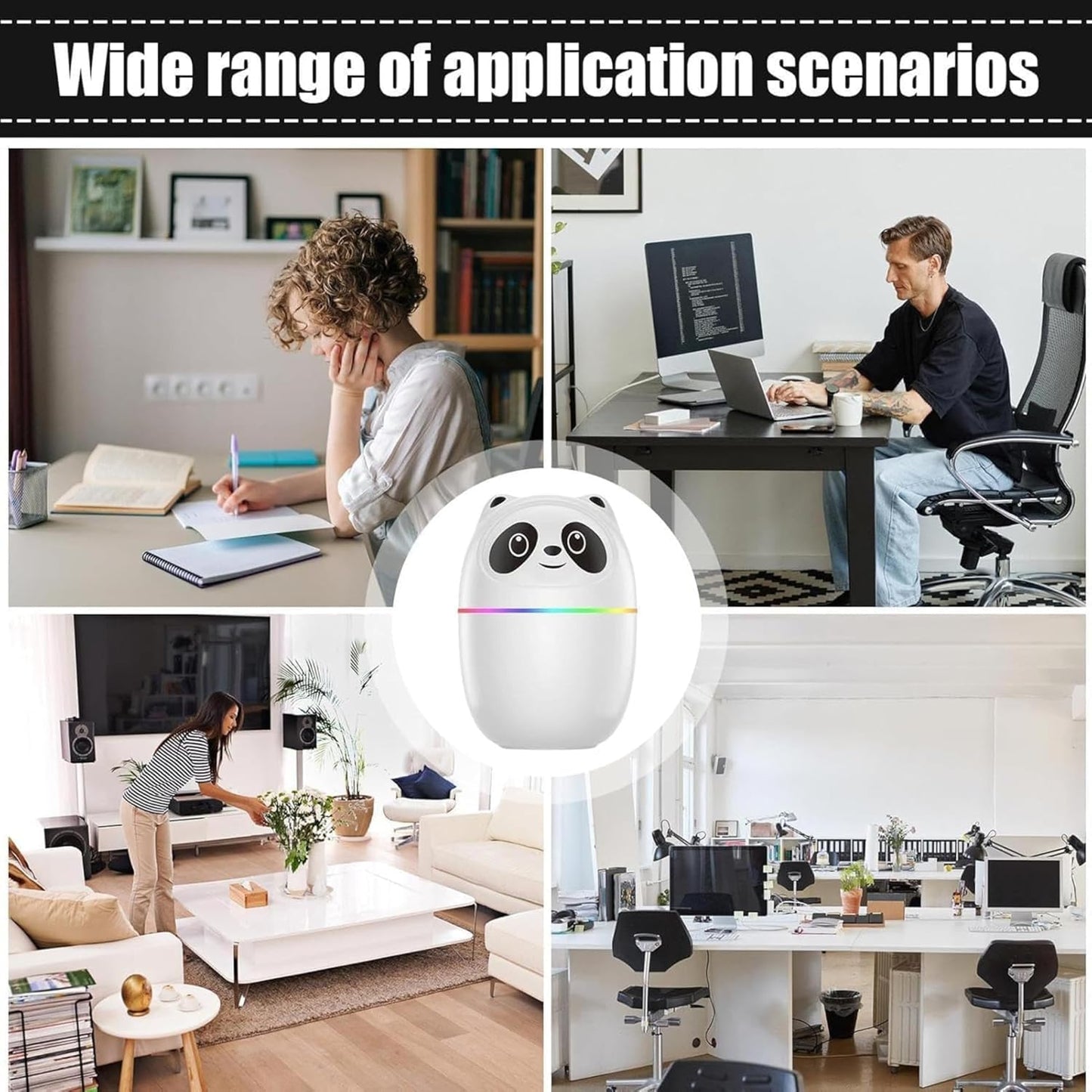 Collage of people in various settings with a robot in the center, labeled 'Wide range of application scenarios'.