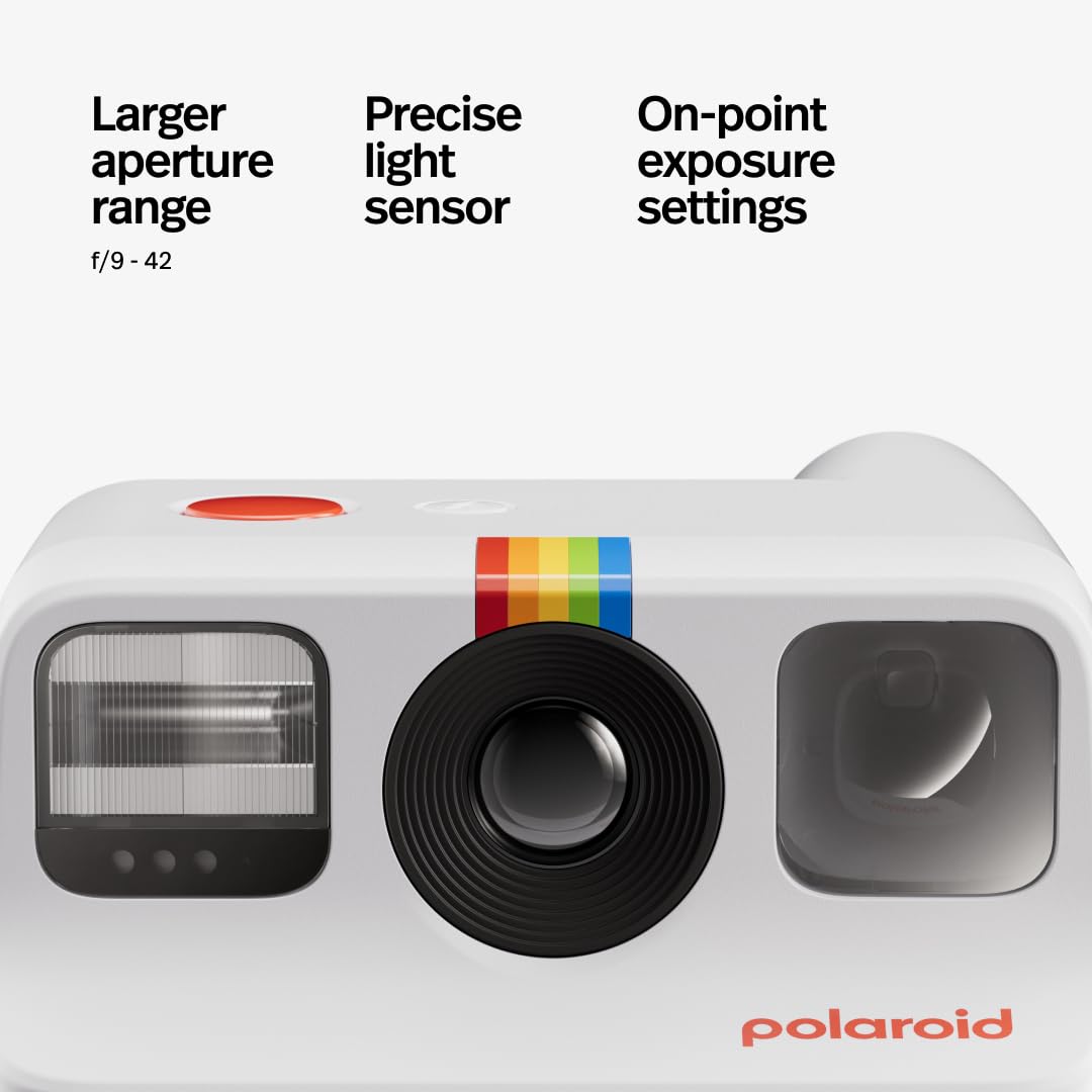 Polaroid camera with features listed on a white background