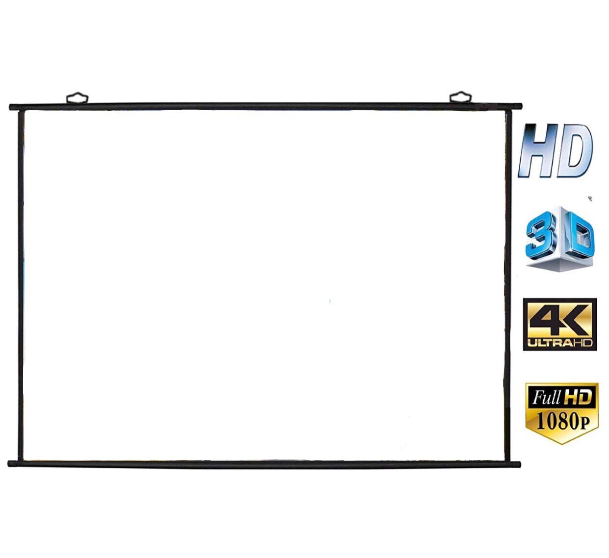 Blank white screen with HD, 3D, 4K Ultra HD, and Full HD 1080p logos on a white background