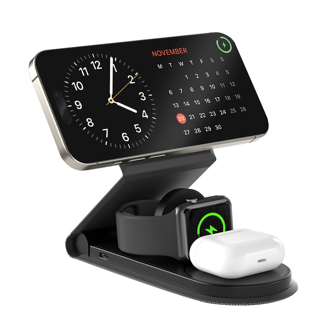 Multi-device charging stand with smartphone, smartwatch, and wireless earbuds on a white background