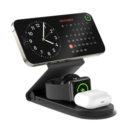 Multi-device charging stand with smartphone, smartwatch, and wireless earbuds on a white background