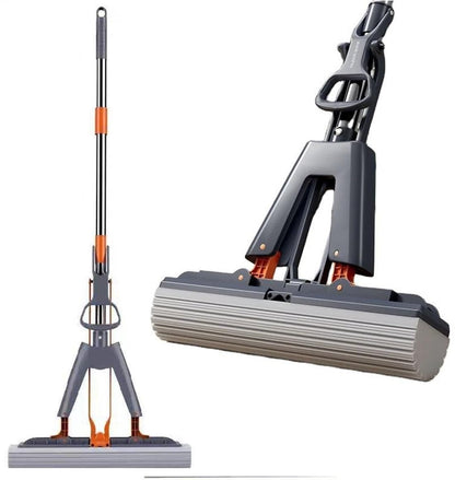 Gray and orange mop with extendable handle on a white background
