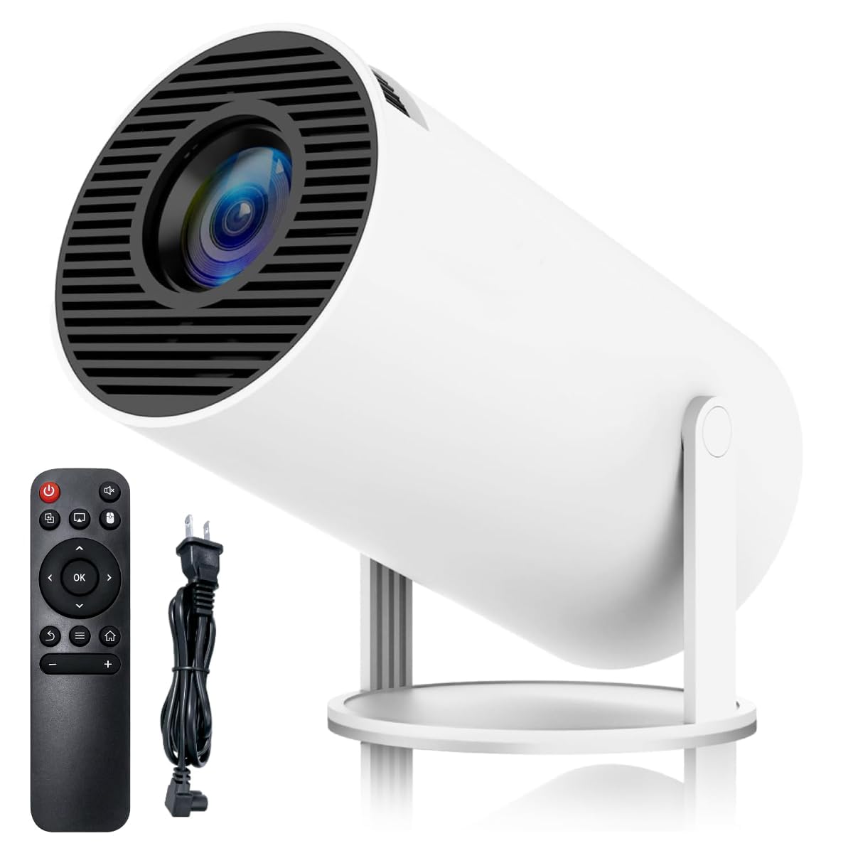 White outdoor security camera with remote control and power cord on a white background