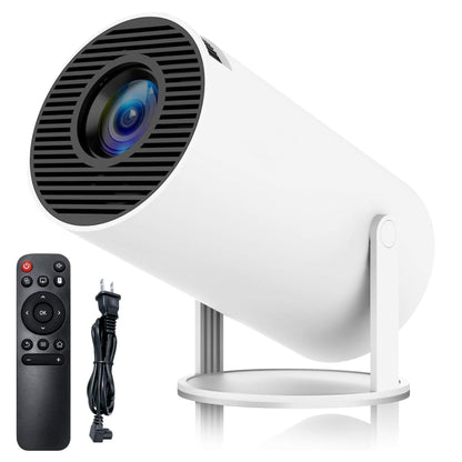 White outdoor security camera with remote control and power cord on a white background