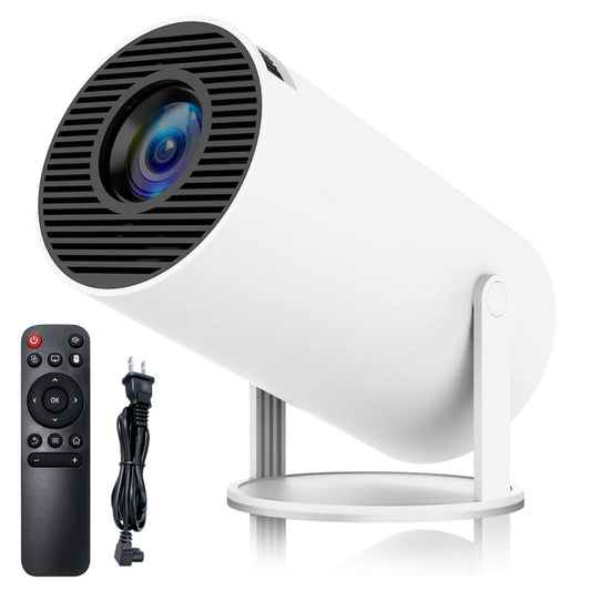 White outdoor security camera with remote control and power cord on a white background