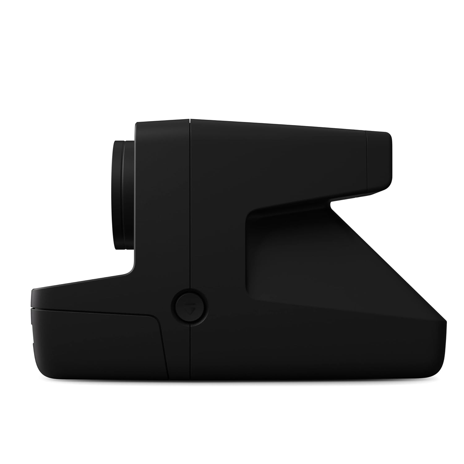 Black camera lens cap on a white background