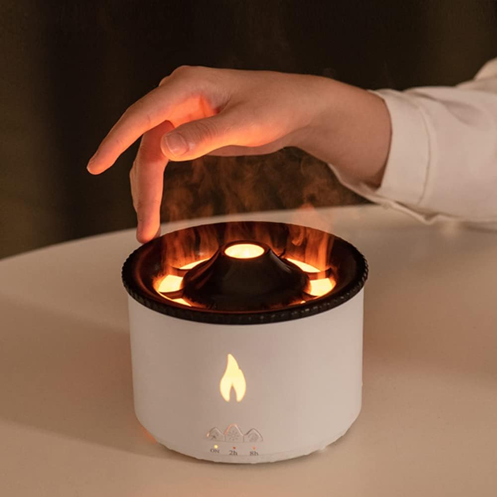 Dhyanut oil diffuser with flame light on desk