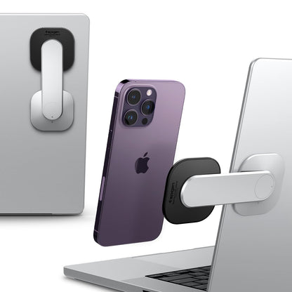 Sleek silver magnetic mount for laptop and monitor setup