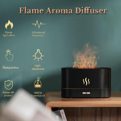 CLEMATIS Plastic Flame Diffuser Humidifier-Auto Off 180Ml Essential Oil Diffuser-2 Modes Brightness Aroma Humidifier with Fire Flame Effect for Home,Office,Spa,Gym (Black)