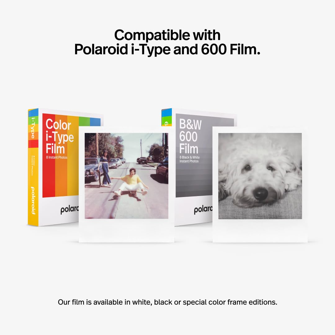 Polaroid film packages with photos and text indicating compatibility with Polaroid i-Type and 600 film.