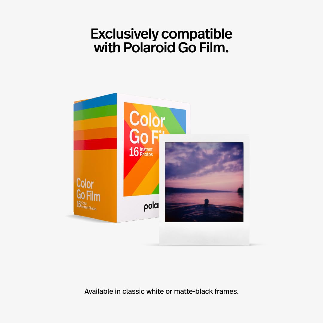 Polaroid Color Go Film packaging with a sample photo on a white background
