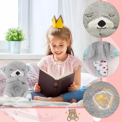 Child reading a book with a plush toy and crown in a cozy setting.