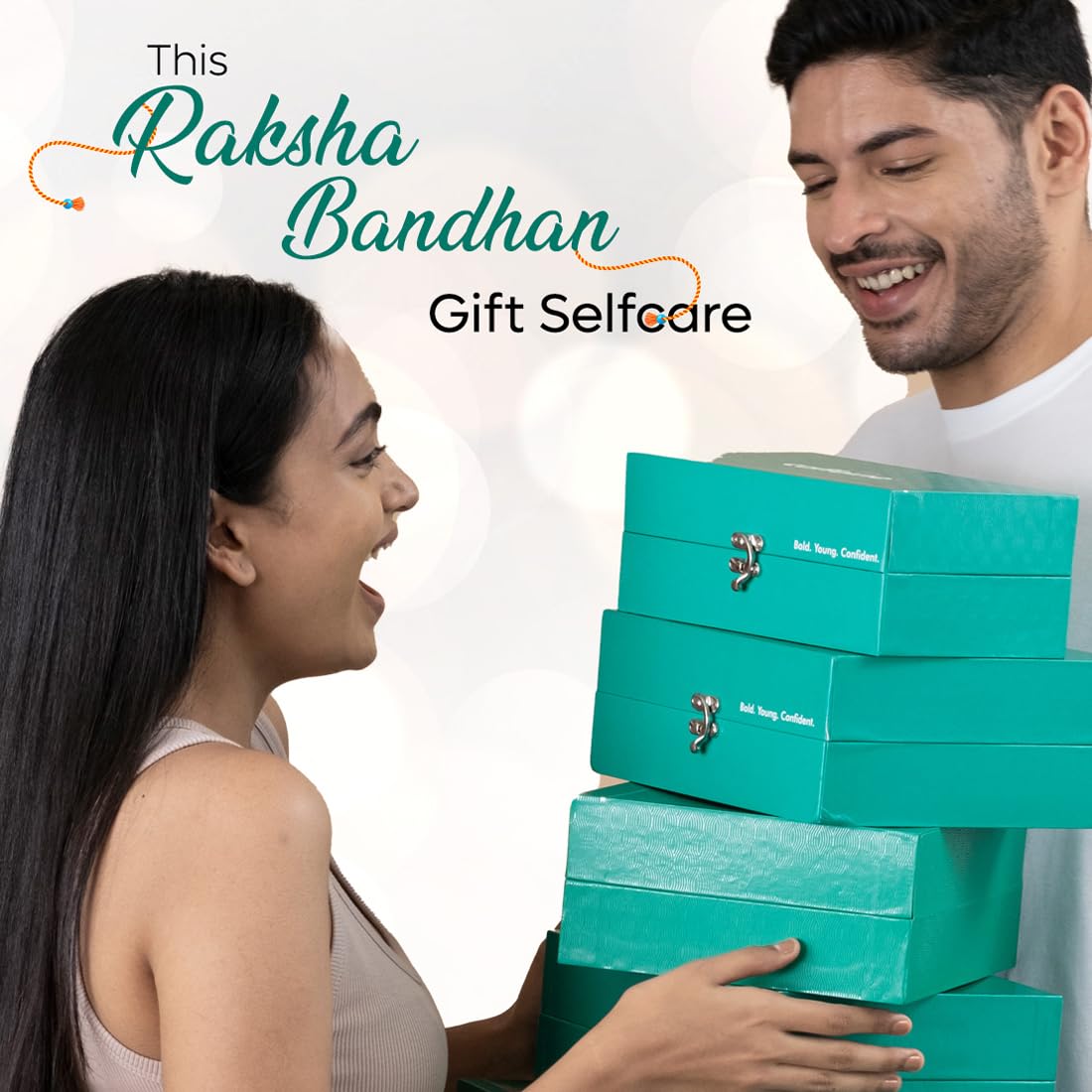 Two people with a stack of teal gift boxes, promoting Raksha Bandhan self-care gifts.