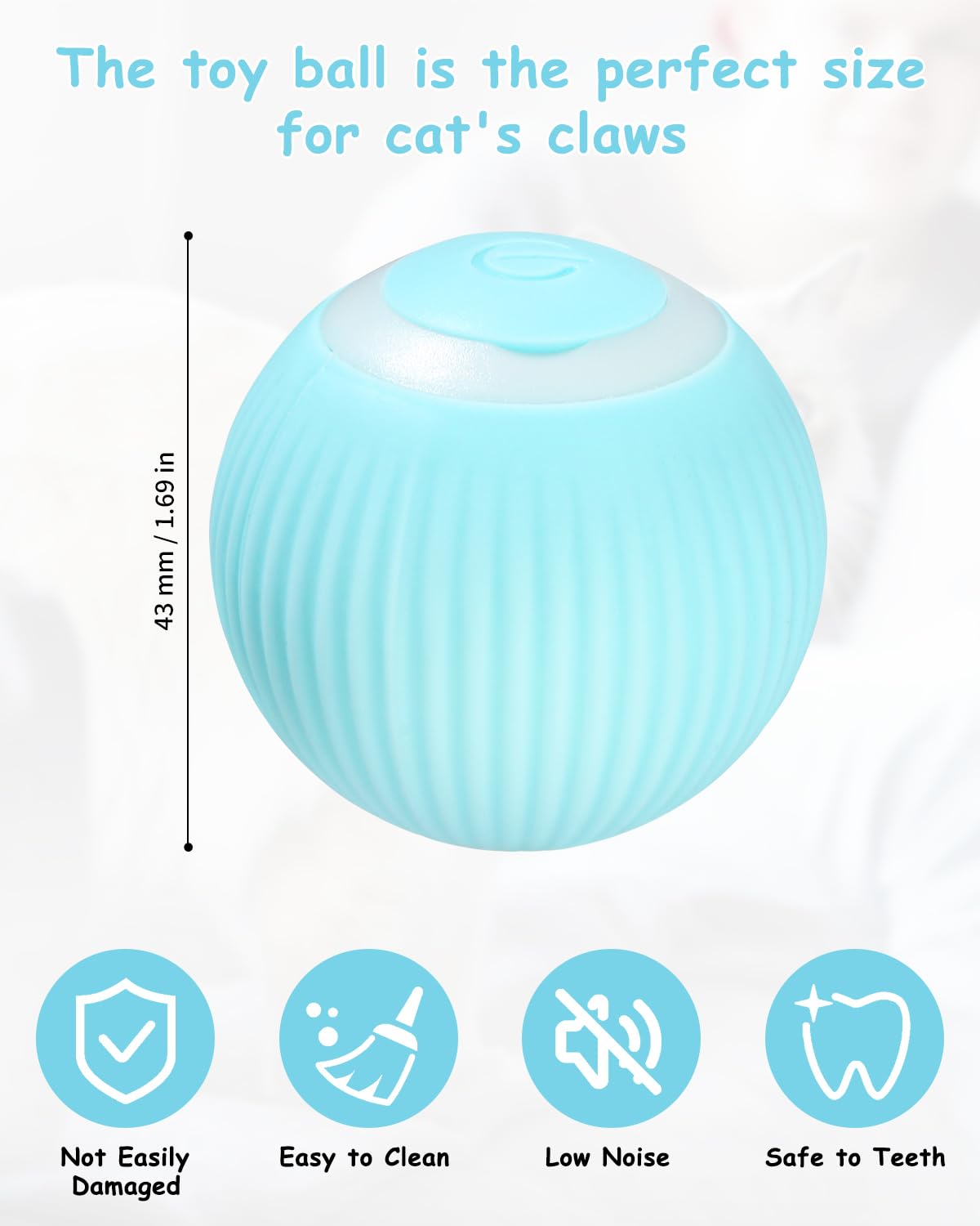 Blue cat toy ball with dimensions and features listed on a white background