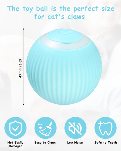 Blue cat toy ball with dimensions and features listed on a white background