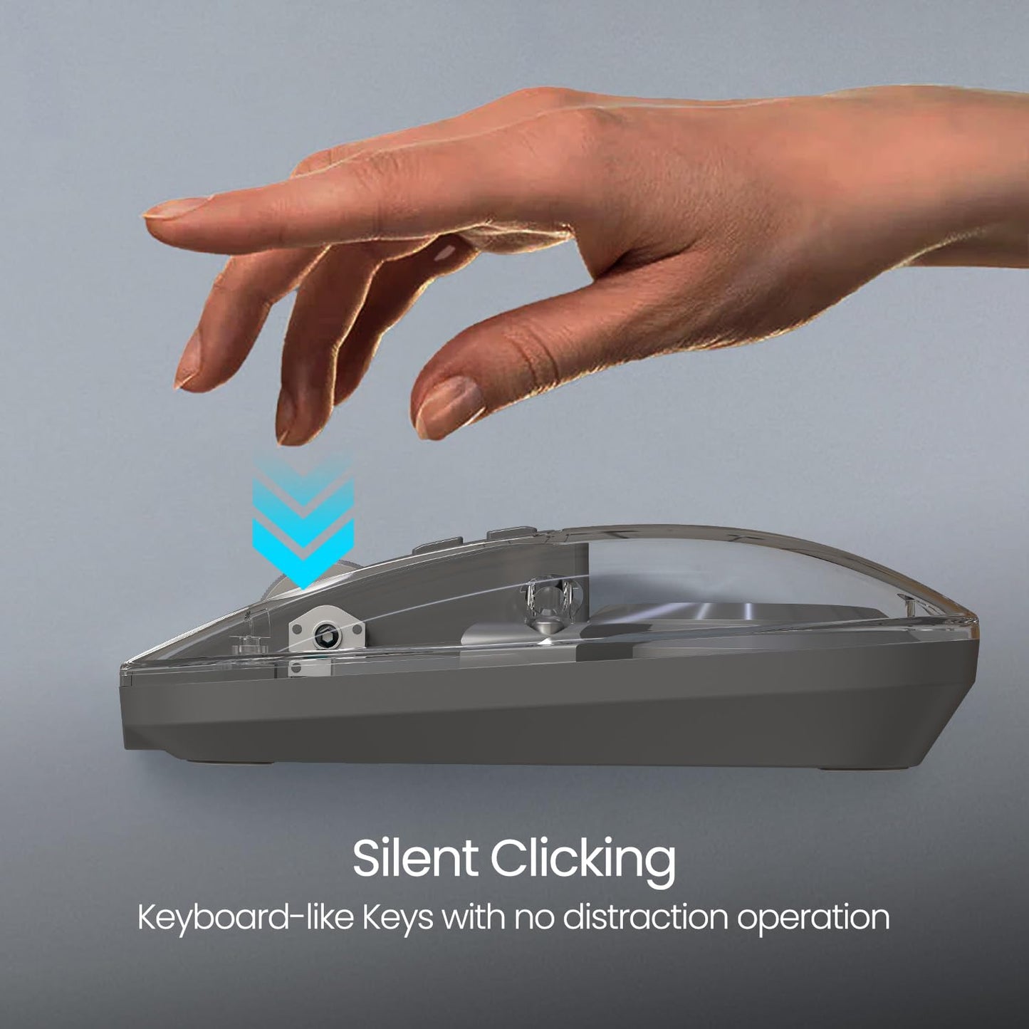 Hand interacting with a transparent keyboard on a gray background, emphasizing silent clicking feature.