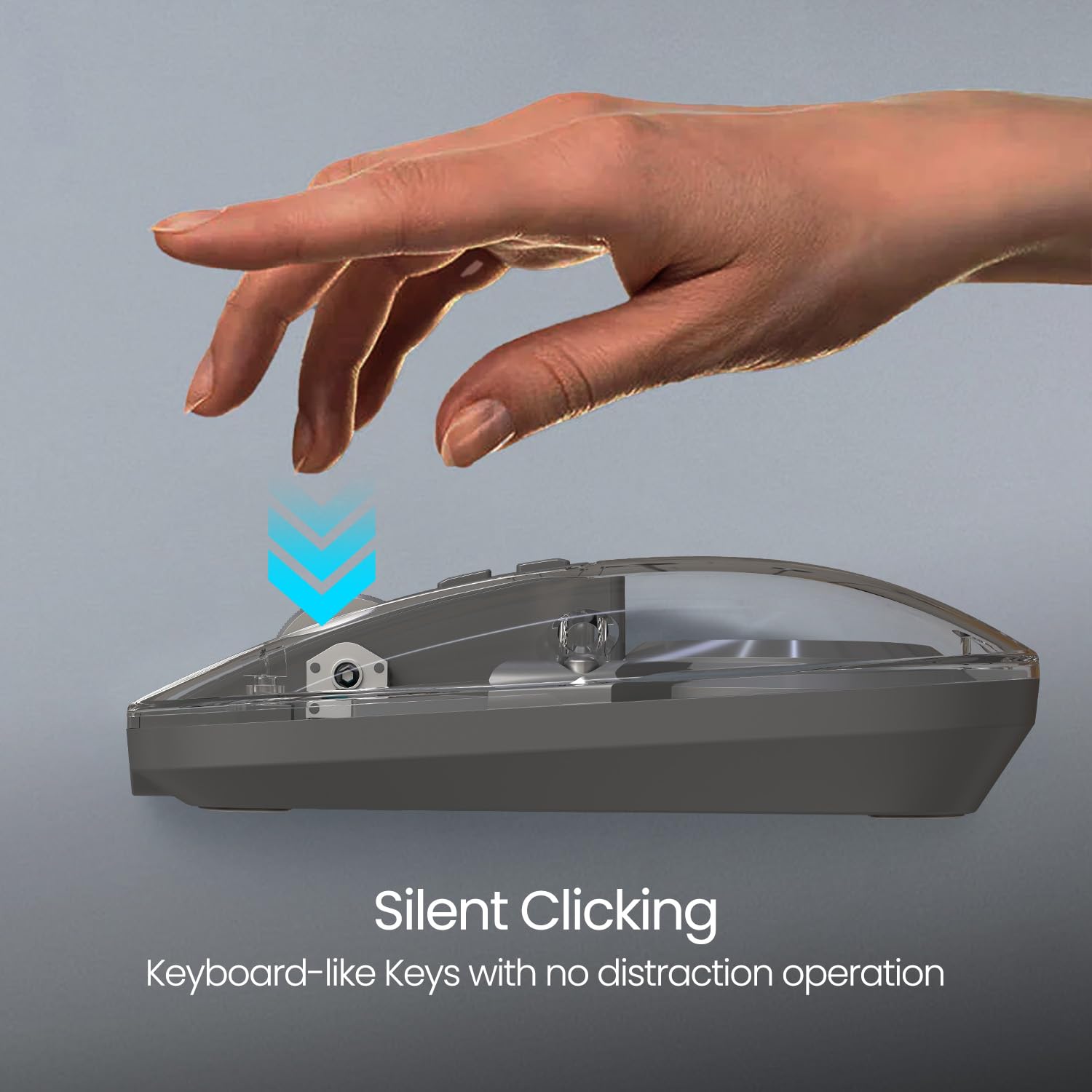 Hand interacting with a transparent keyboard on a gray background, emphasizing silent clicking feature.