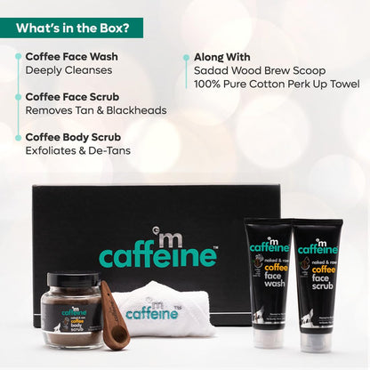Caffeine-based skincare product set with coffee face wash, scrub, and body scrub on a white background.