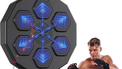 Black and blue electronic device with a person wearing boxing gloves on a white background