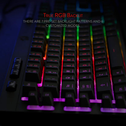 Gaming keyboard with RGB backlighting on a dark background