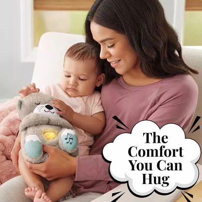 Woman holding a baby and a plush toy with a speech bubble saying 'The Comfort You Can Hug'.