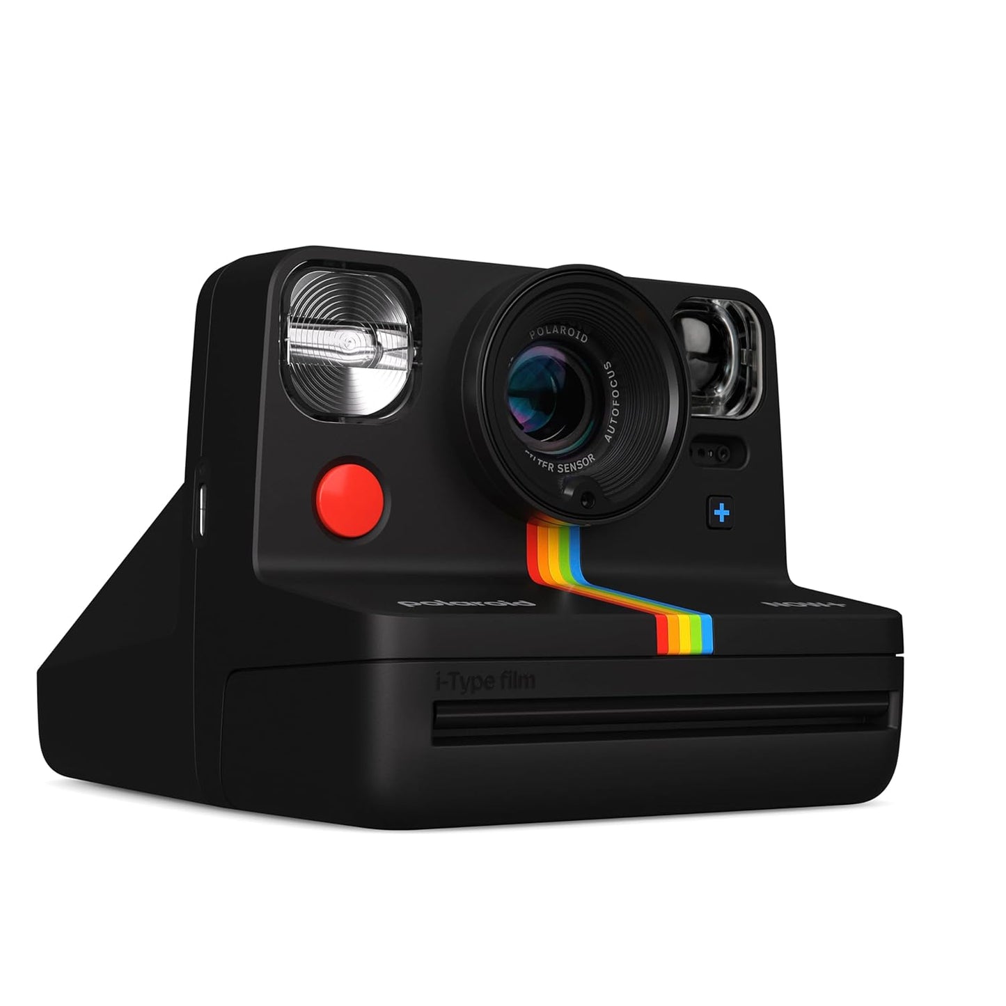 Black instant camera with colorful design on a white background