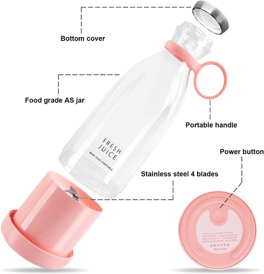Portable juice maker with pink accents and labeled components on a white background