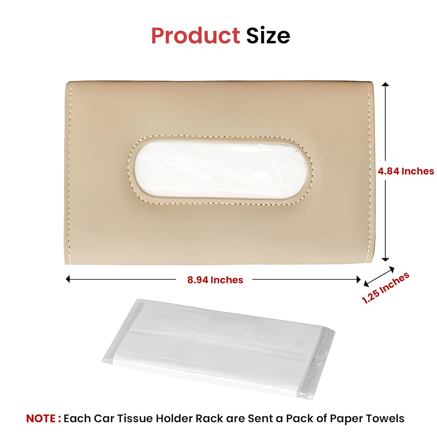 Beige car tissue holder with dimensions and a pack of paper towels on a white background