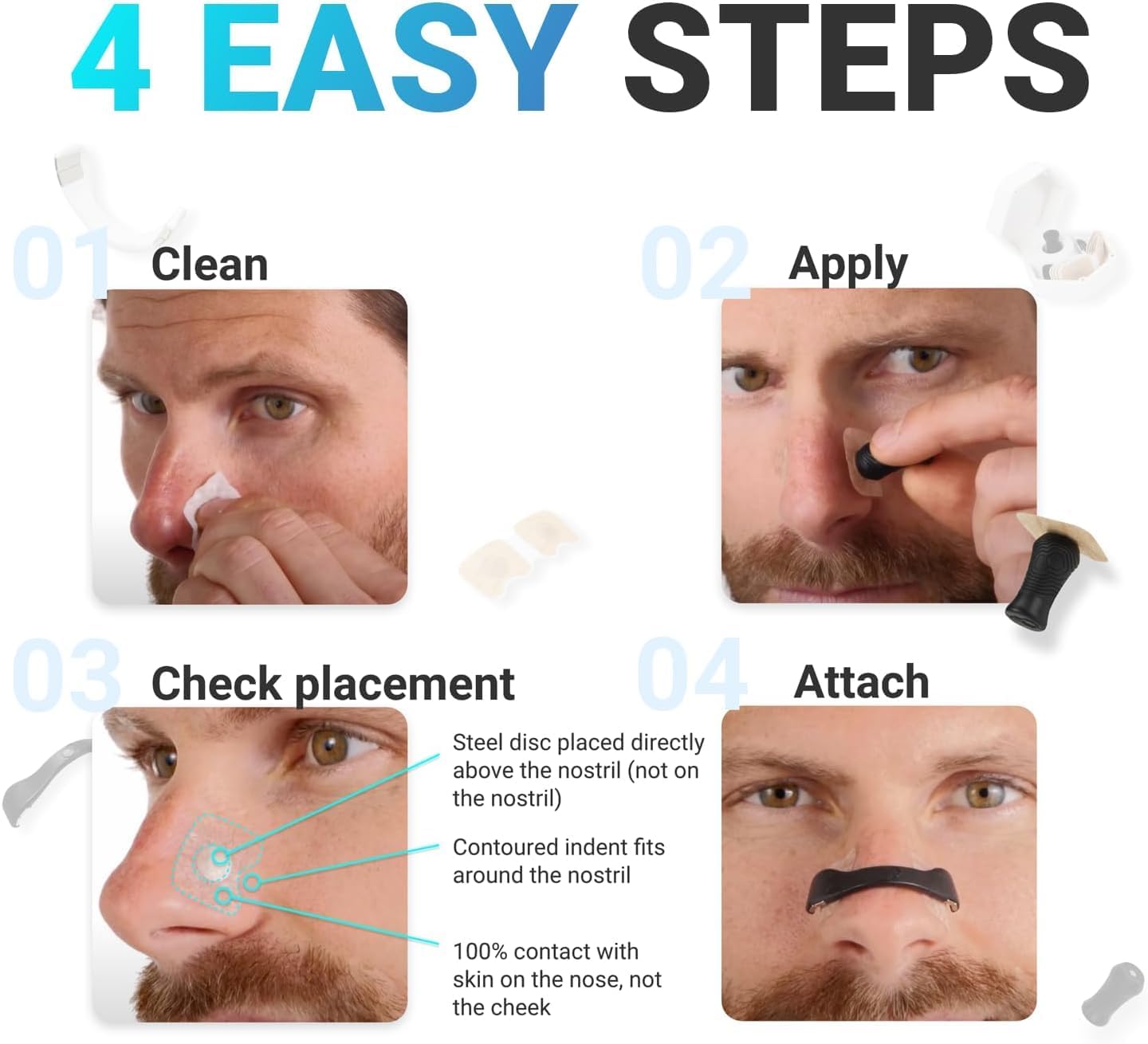 Step-by-step guide on applying a nose hair removal device with labeled steps and close-up views.