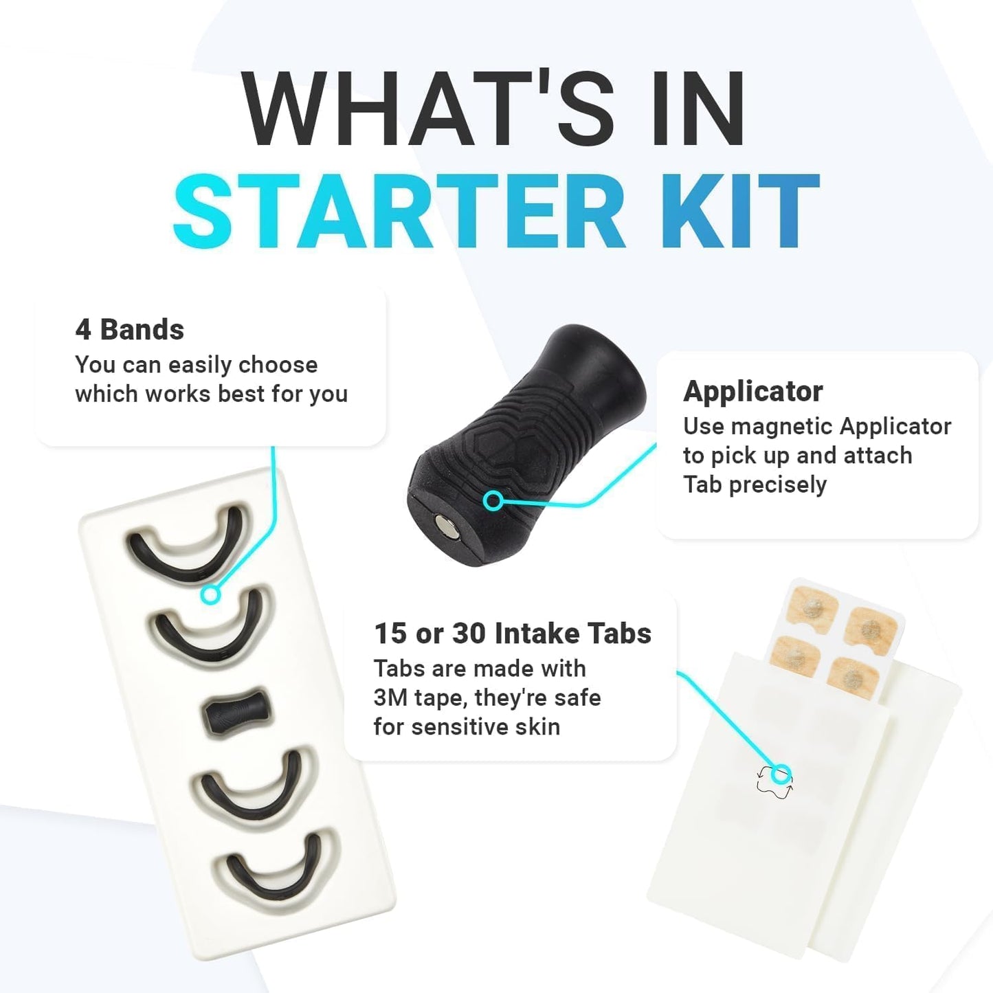 Starter kit components including bands, an applicator, and intake tabs on a white background.
