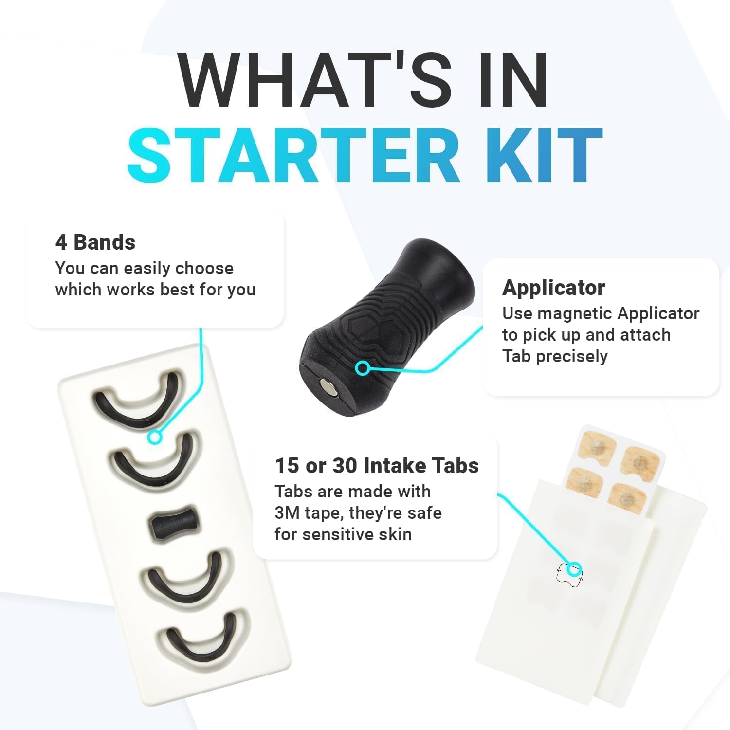 Starter kit components including bands, an applicator, and intake tabs on a white background.