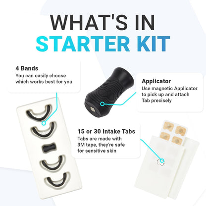 Starter kit components including bands, an applicator, and intake tabs on a white background.