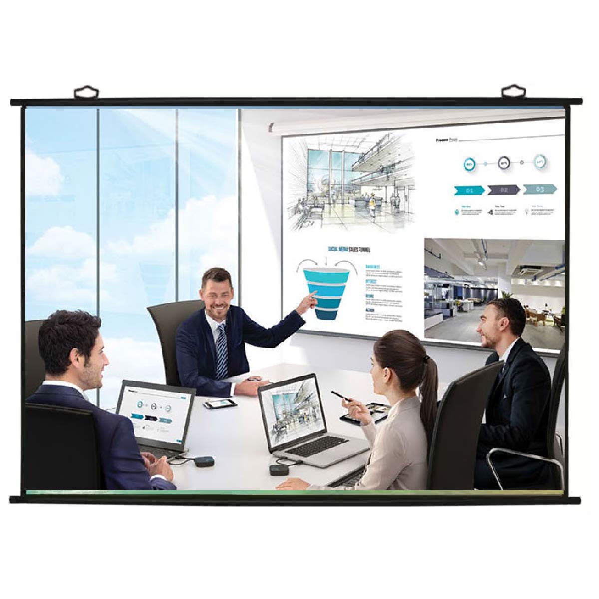 Group of people in a meeting with a large screen displaying a presentation.