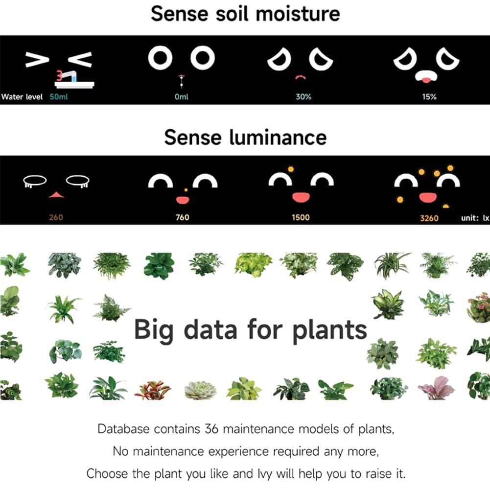 Diagram showing plant databases for soil moisture and luminance with corresponding icons and text.