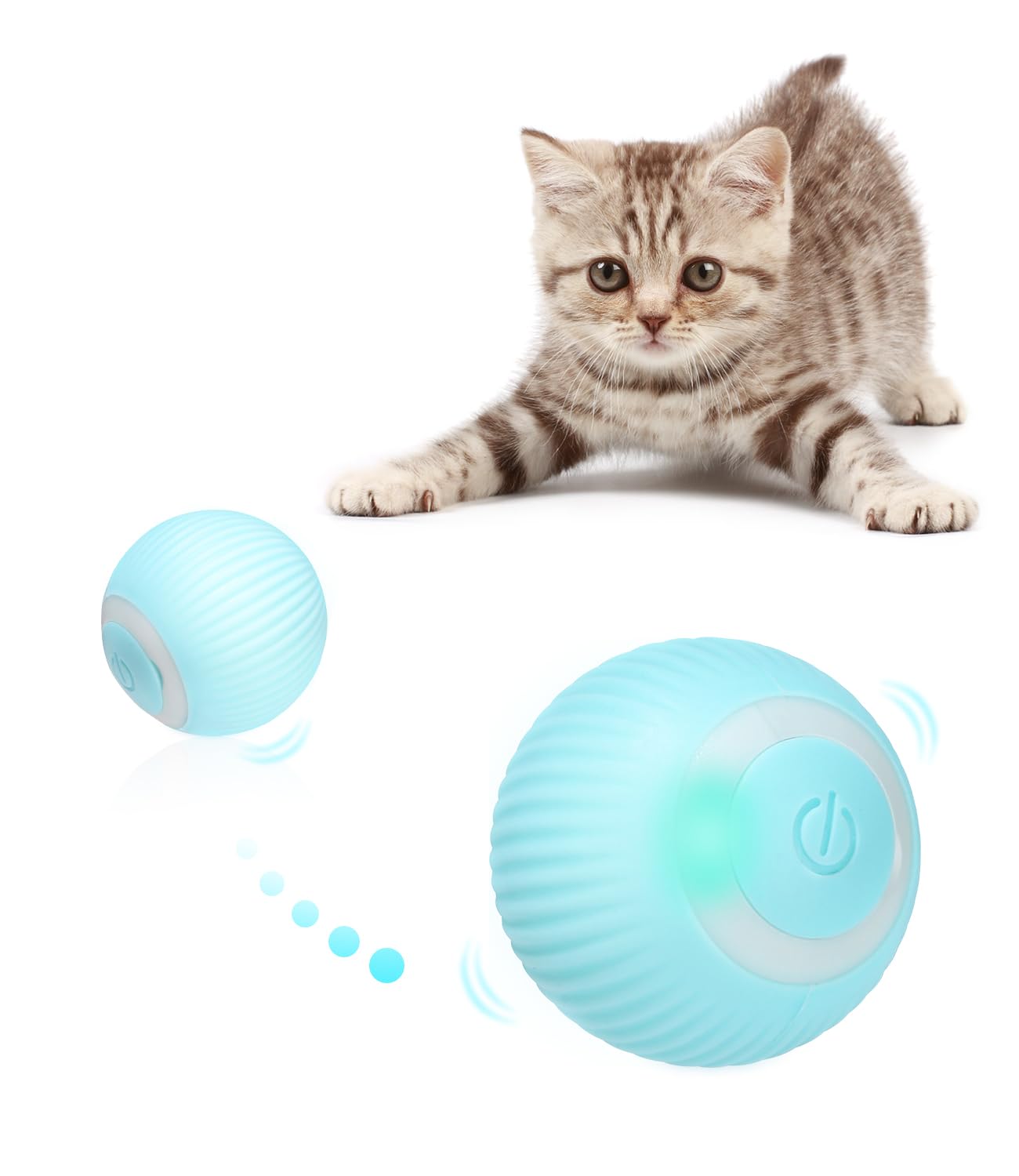 Cat playing with a blue electronic ball toy on a white background