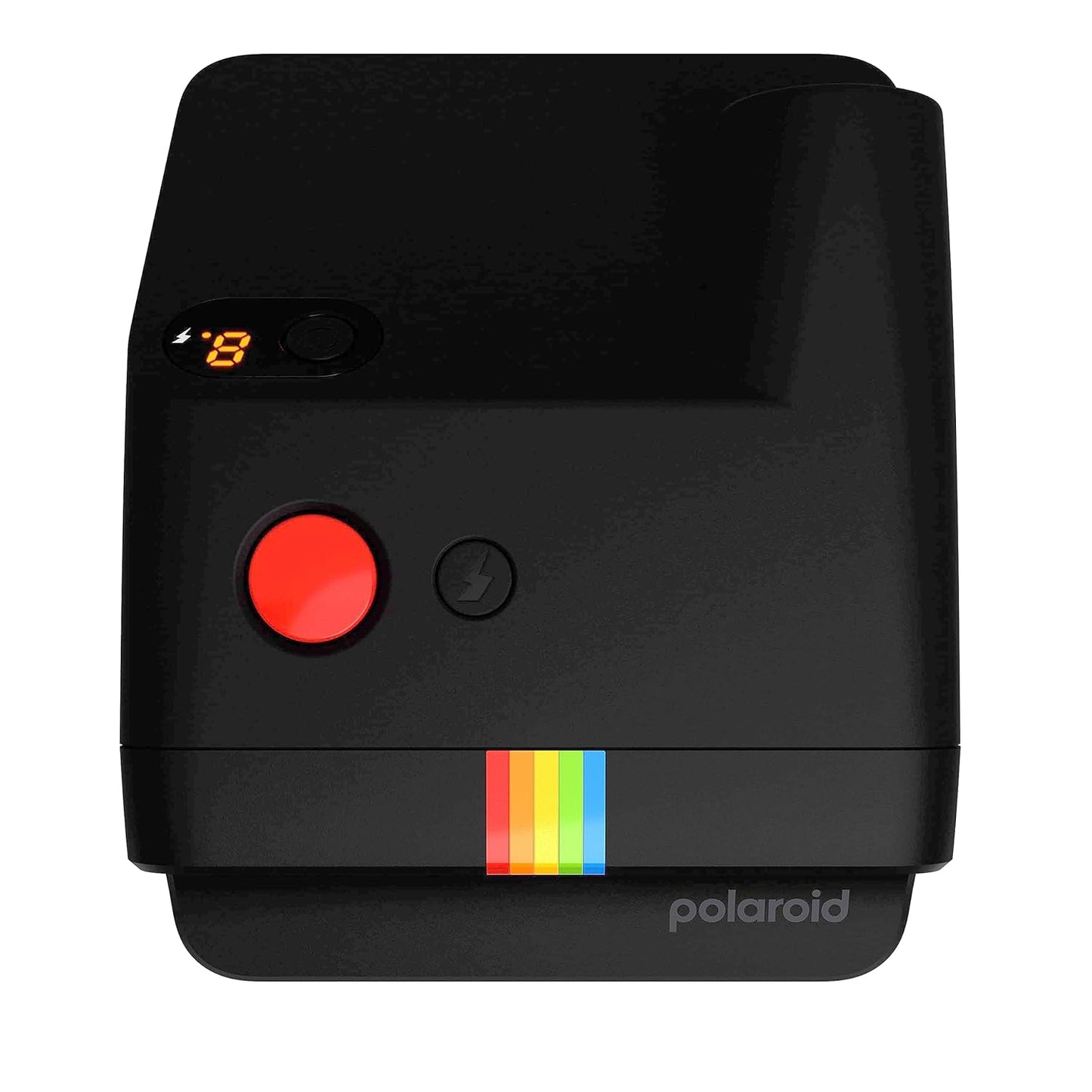 Black Polaroid camera with a red button and colorful stripe on a white background