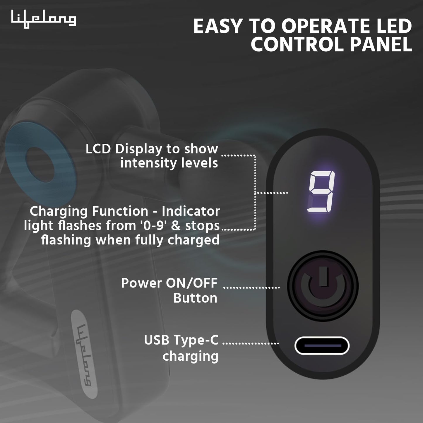 Lifelong Gun Massager for Pain Relief with 9 Massage Heads Massage Gun Machine for Full Body - Gun Massager Rechargeable with 9 Speed Levels & Easy-Grip Handle for Muscle Massage of Back, Neck, Shoulder, Hand, Foot & Leg