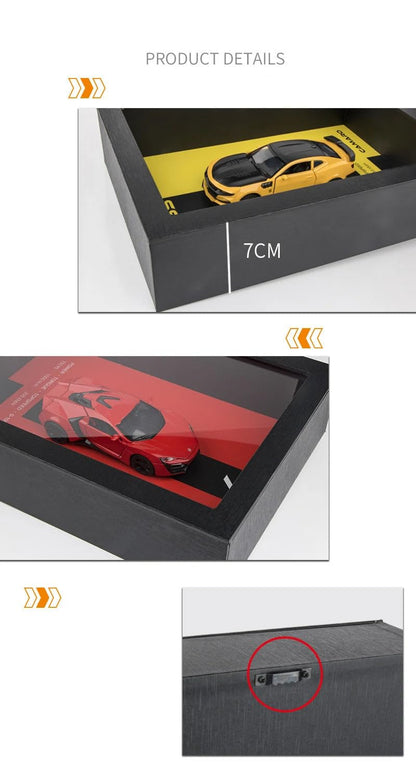 Model car packaging with dimensions and design details on a white background