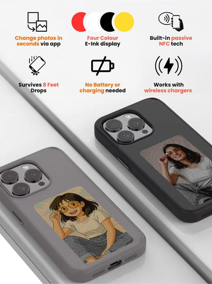 Macmerise - iPhone 15 Pro - Dopamine Case with Smart E - Ink Display Baby Pink NFC Case, Customize Image Screen Display Photo in Mobile Phone, Durable Protection, Sleek Design