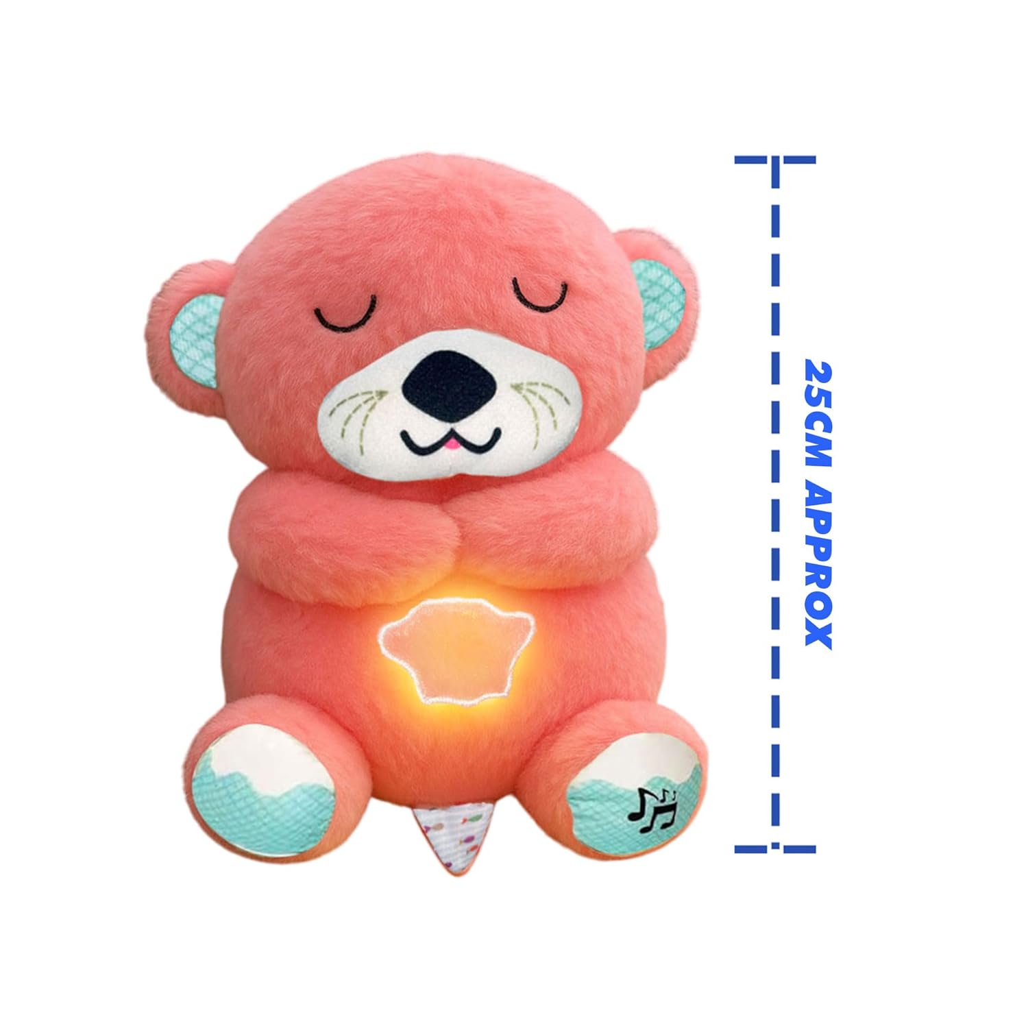 Pink teddy bear plush toy with glowing belly on a white background