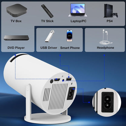 White projector with connectivity options on a blue background