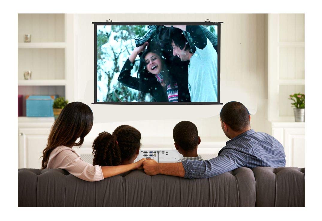 Family watching a movie on a large screen in a living room.