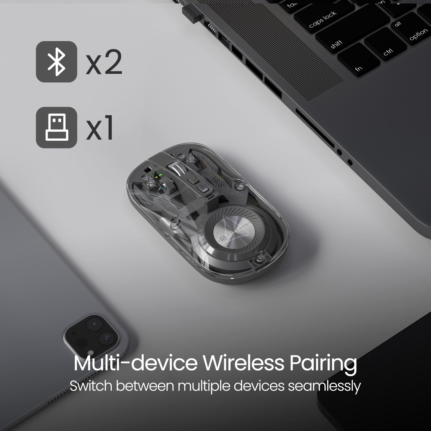 Wireless mouse on a laptop with Bluetooth and USB-C icons, emphasizing multi-device wireless pairing.