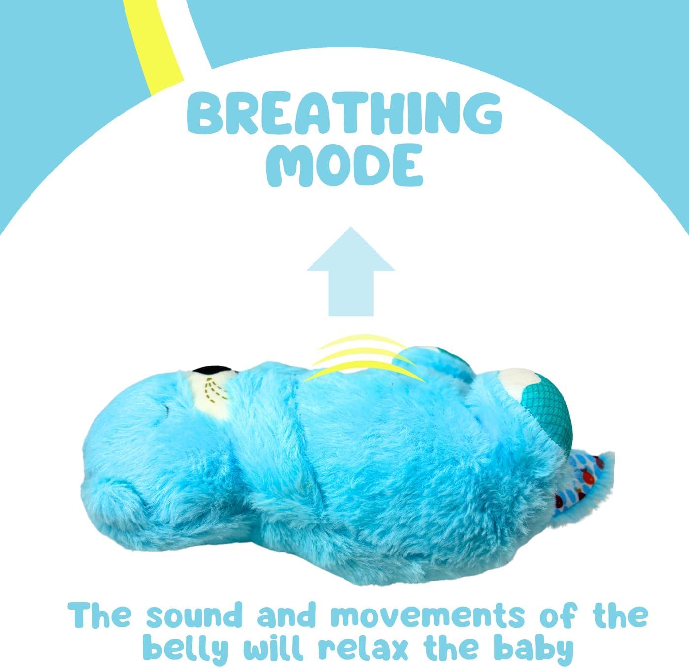 Blue plush toy with text indicating 'Breathing Mode' and 'The sound and movements of the belly will relax the baby'.