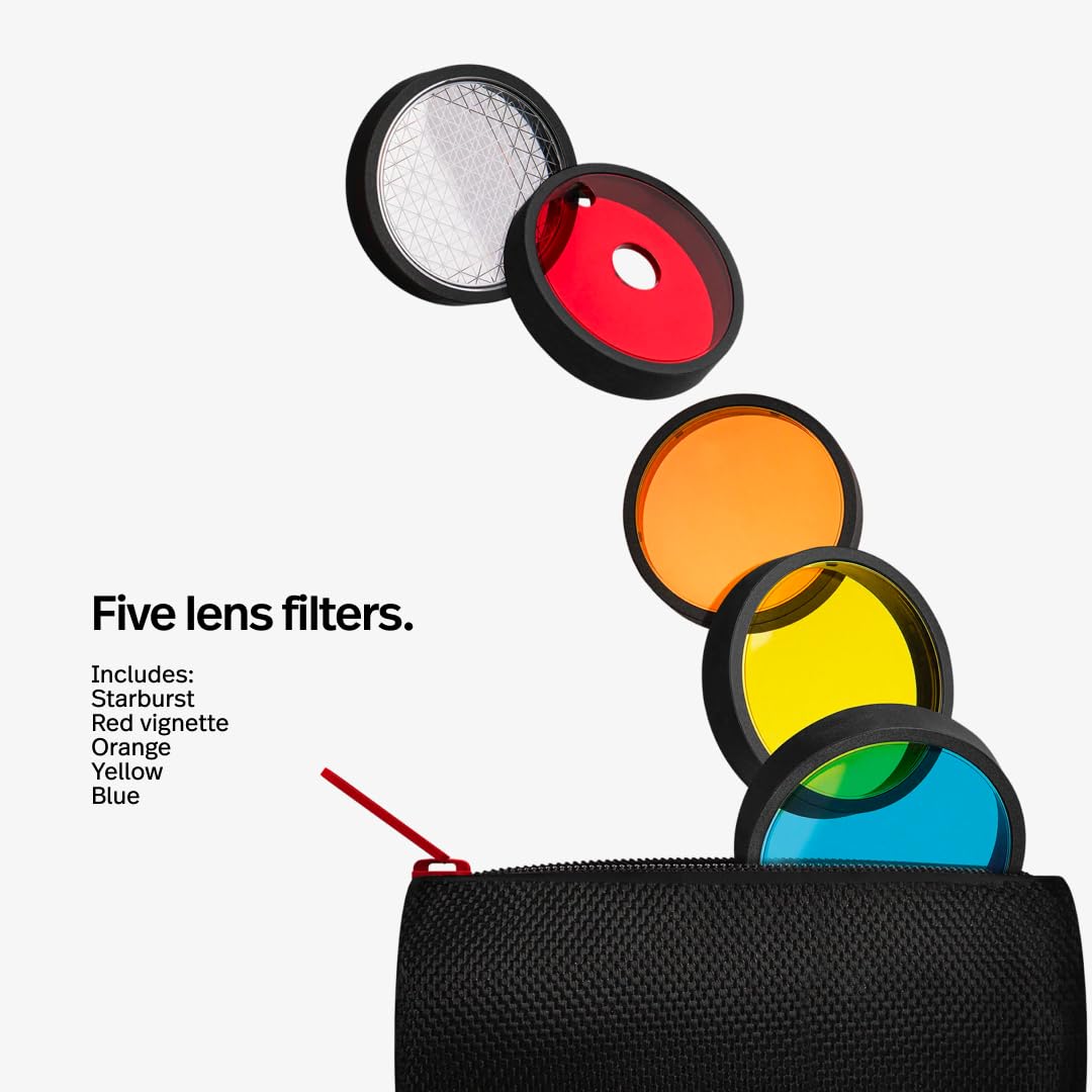 Five lens filters with a carrying case on a white background