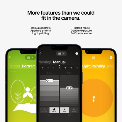 Three smartphones displaying camera app interfaces with text about features.